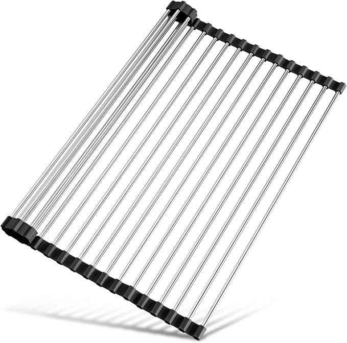 Tomorotec 21" x 15.5" Roll Up Dish Drying Rack Over Sink Drying Rack Sink Cover Kitchen Sink Accessories Gadget Multipurpose Organizer Foldable Stainless Steel Drainer