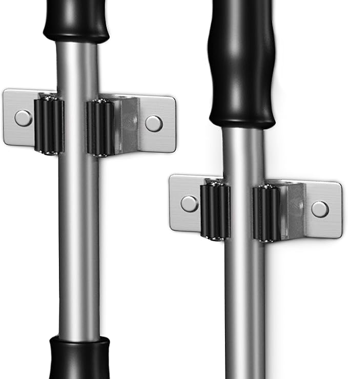 Self Adhesive Broom and Mop Holder Wall Mounted – SUS304 Stainless Steel 2-Slot Organizer with Anti-Slip Rubber Grips, 25lb Load, Adjustable for 0.6–1.4" Handles, Garage Kitchen Bathroom Use, 2 Pcs-NeatNest