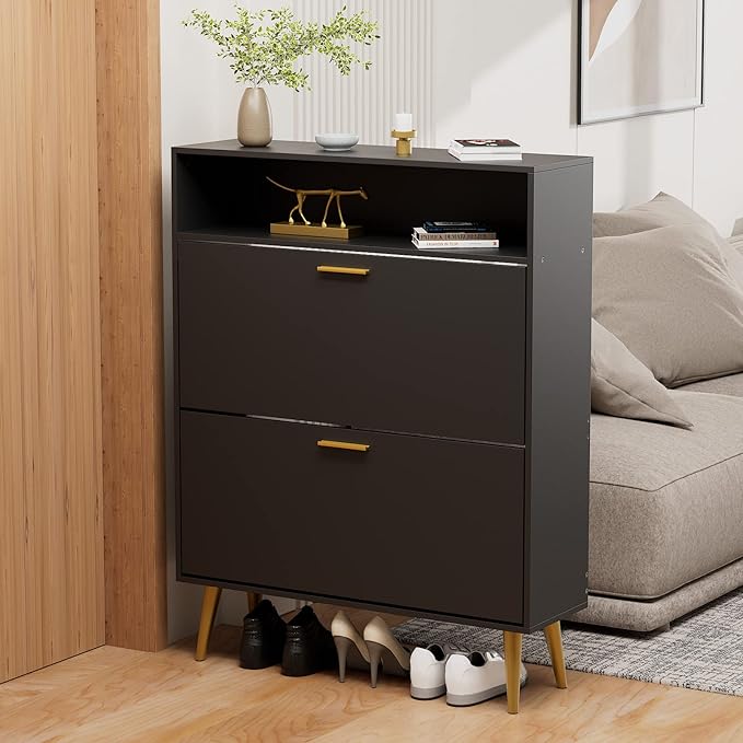 JOZZBY Shoe Cabinet for Entryway, Narrow Shoe Storage Cabinet with 2 Flip Drawers, Freestanding Hidden Shoe Rack Storage with Open Shelves for Hallway, Living Room, Set of 2, Black-NeatNest