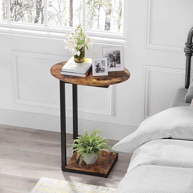 Hosfais Small Side Table Set of 2, C-Shaped Wood Sofa End Table with Metal Frame for Living Room, Bedroom, Small Spaces (Rustic Brown)