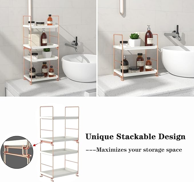 FSyueyun 2-Tier Bathroom Countertop Organizer, Tool-Less Installation Premium Plastics Makeup Shelf Organizer Perfume Skincare for Dresser Vanity Tray Organizers and Storage (Rose Gold)-NeatNest