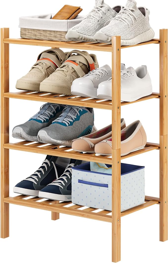 Small Shoe Rack, 4-Tier Bamboo Stackable Shoe Shelf Storage Organizer, Shoe Stand for Closet, Entryway and Hallway-NeatNest