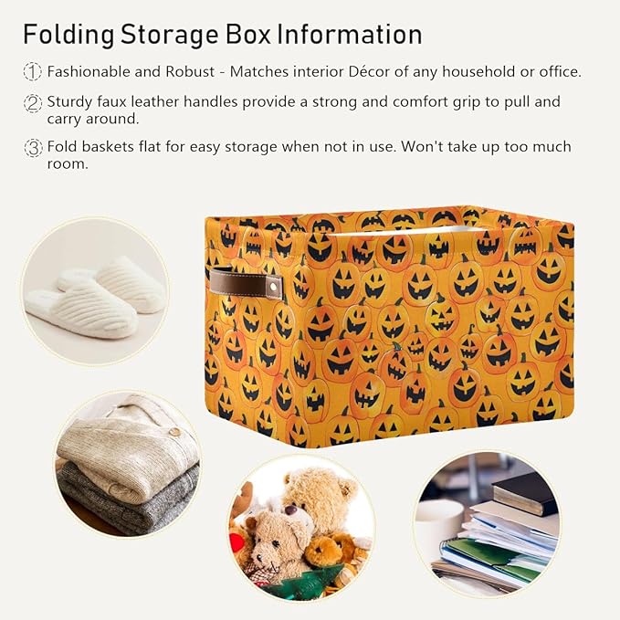 Halloween Seamless Storage Basket,Yellow Pumpkin Large Storage Bin Fabric Collapsible Organizer Bag with Handles 15x11x9.5 inch-NeatNest