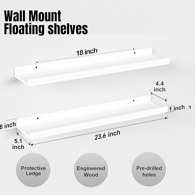 23.6 Inches Long Floating Shelves Wall Mounted, 2 Set Modern White Wall Shelf for Bedroom, Nursery Book Shelf with Lip, Picture Ledge Shelf for Wall Decor Living Room Bathroom Kitchen- White-NeatNest