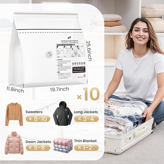 TAILI Vacuum Storage Bags for Travel, Medium Cube (25x19x11 inch), 10 Pack Vacuum Seal Bags for Clothing, Compression Packing for Clothes, Blankets, Baby Clothes, No Pump Needed, Travel Essential-NeatNest
