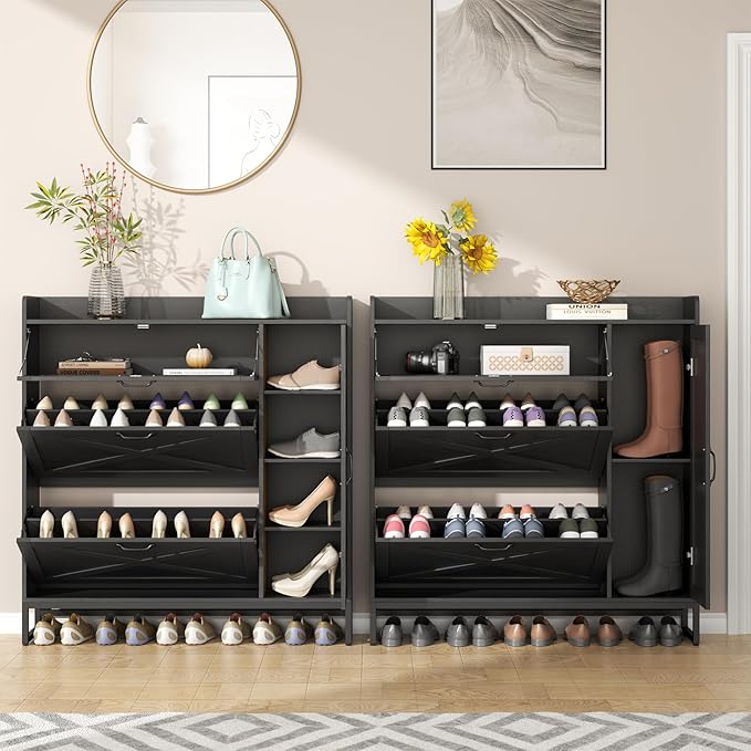 Free Standing Shoe Organizer with 2 Flip Drawers and Side Cabinet, Entryway Narrow Shoe Storage with Door for Hallway and Living Room (Black Plus)-NeatNest