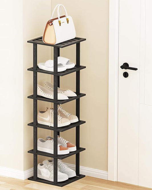 6-Tier Free Standing Shoe Racks, Bamboo Wood Shoe Rack for Entryway & Closet, Beautiful | Natural | Functional | Sturdy Shoe Rack Small Shoe Shelf for Small Spaces and Narrow Spaces Black-NeatNest