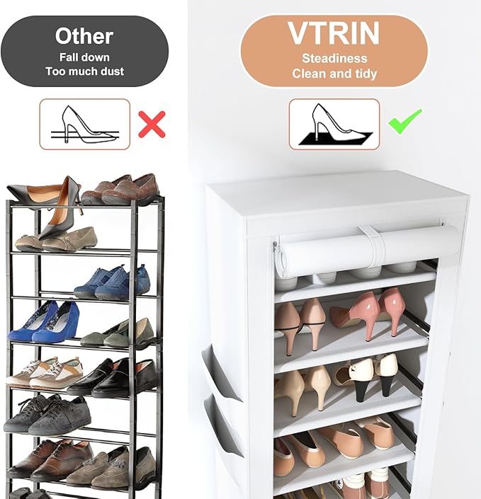 VTRIN Vertical Narrow Shoe Rack Organizer Tall Shoe Rack for Closet Entryway 10 Tier Non-Woven Cover Shoe Shelf Holds 20-22 Pairs Free Standing Shoe Storage Cabinet with Dustproof Cover, White-NeatNest