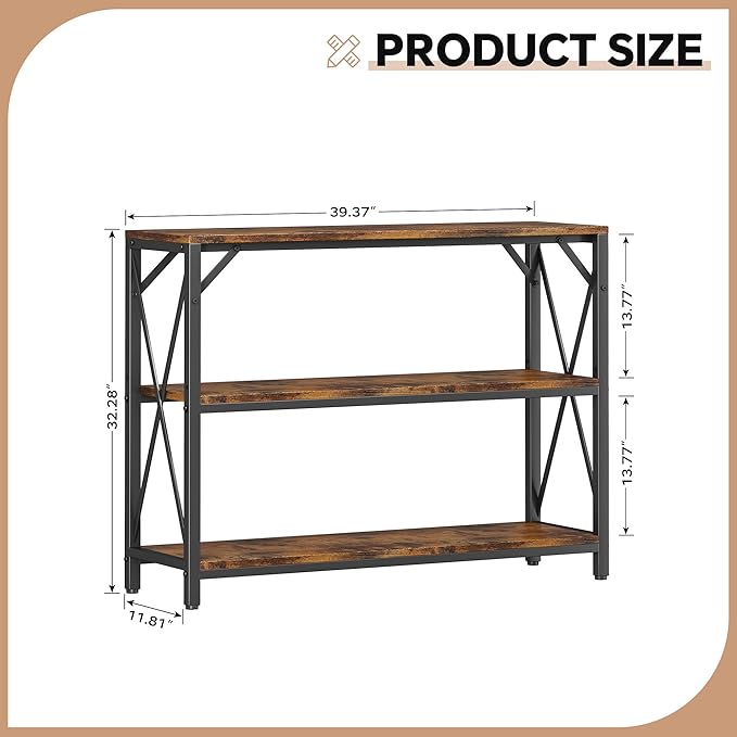 Homeiju Entry Table 40" Width, 3-Tier Entryway Table with Storage, Industrial Sofa Table with Open Shelves, Foyer Tables for Entryway, Hallway, Kitchen, Living Room and Bedroom, Rustic Brown-NeatNest