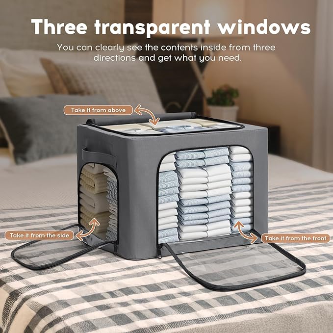 3-Pack Clothes Storage Bins with Metal Frame, Foldable 40L Linen Storage Boxes with Lids, Organizer with Clear Windows, Zippers & Durable Handles (Gray)-NeatNest