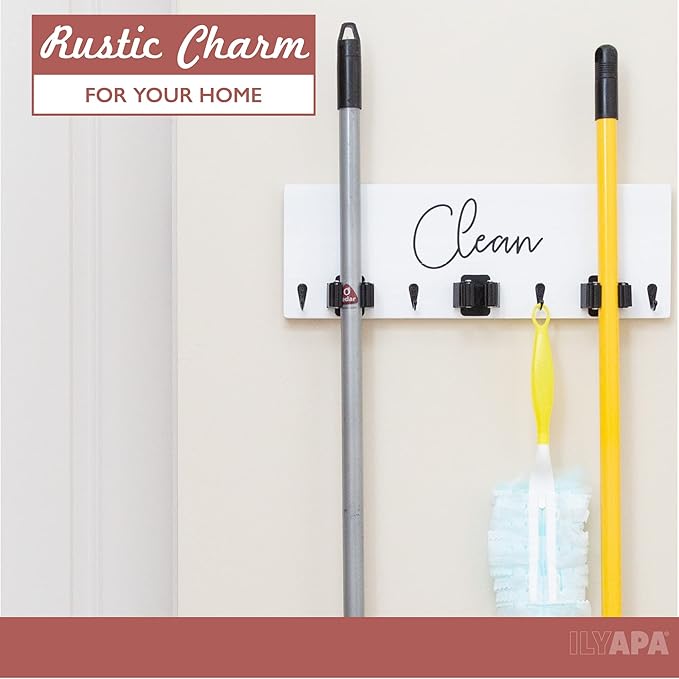 Ilyapa Broom Organizer Wall Mount, Broom and Mop Organizer Hanging, White Wooden Hanger Wall Mount, Kitchen Laundry Room Storage Rack Holder, Farmhouse Arranger with Hooks