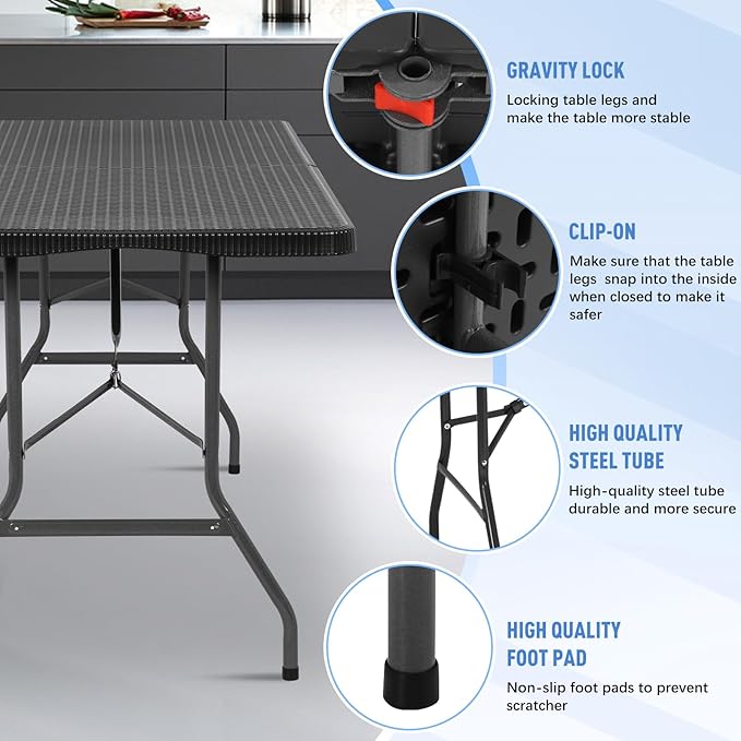 6ft Folding Table, Heavy Duty Foldable Table with Handle, Portable Fold-in-Half Utility Tables for Indoor & Outdoor Use Perfect for Camping BBQ Party Wedding Market Events, Black Ratten-NeatNest