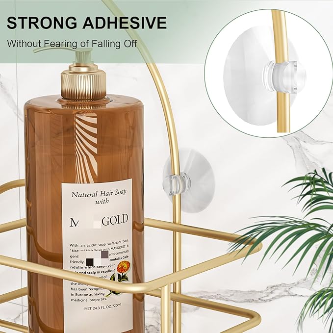 SRIWATANA Shower Caddy Hanging, Bathroom Organizer, No Drilling Shelves Over Shower Head, Bath Rack Holder with Hooks for Razors and Sponge - Gold