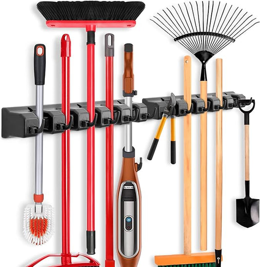 IMILLET 2 Pack Mop and Broom Holder, Wall Mounted Organizer Mop and Broom Storage Tool Rack with 5 Ball Slots and 6 Hooks (Black)-NeatNest