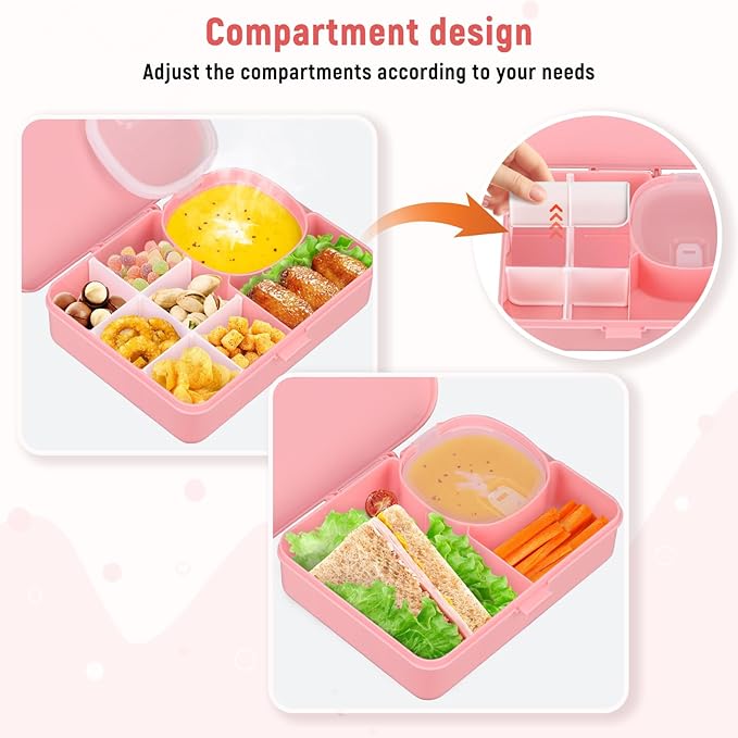 2 Pack Snackle Box Container for Kids,Adjustable Compartments,Reusable Snack Containers with Lids,Easy-Open Latch,Lunch Food Containers,Dishwasher Safe,Leak-Proof Silicone Ring (2 Pack- Pink)-NeatNest
