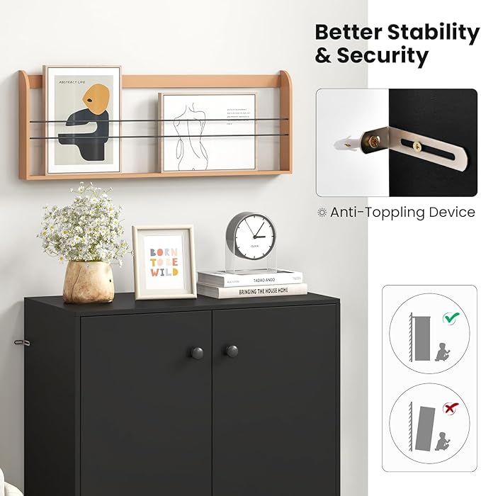 Giantex 2 Door Storage Base Cabinet - Freestanding Floor Cabinet with 3-Tier Shelf, Non-Slip Foot Pads, Kitchen Cupboard Storage Organizer for Living Room, Hallway, Entryway, Office (Black)