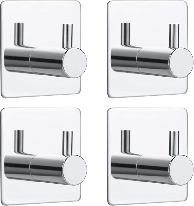 Bylion 4 Pack Silver Adhesive Wall Hooks, Adhesive Chrome Hooks Bathroom Towel Hooks Chrome SUS 304 Stainless Steel Wall Hooks, Heavy Duty Waterproof Hooks, Robe Hooks for Bathroom Kitchen Bedroom-NeatNest