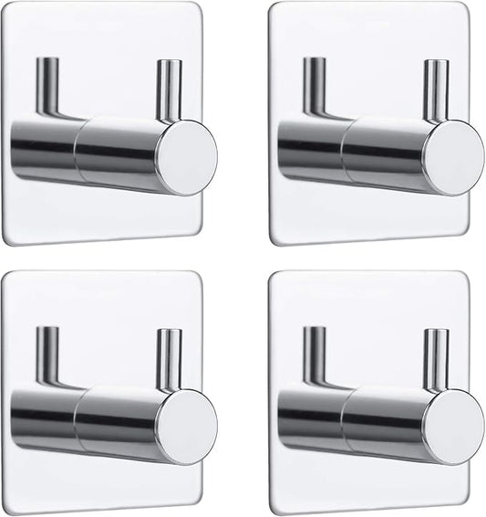 Bylion 4 Pack Silver Adhesive Wall Hooks, Adhesive Chrome Hooks Bathroom Towel Hooks Chrome SUS 304 Stainless Steel Wall Hooks, Heavy Duty Waterproof Hooks, Robe Hooks for Bathroom Kitchen Bedroom-NeatNest