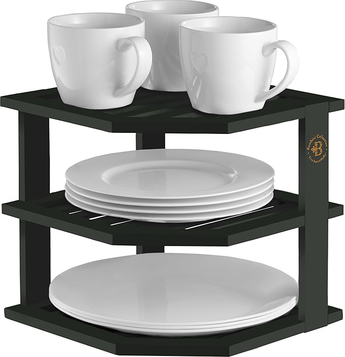 Cabinet Organizer Shelf - Bamboo Corner Rack for Kitchen Counter, Cabinet Space Saver for Plates, Dishes, Bowls, Bread Pantry, Bathroom Storage or Countertop Stand, Black-NeatNest