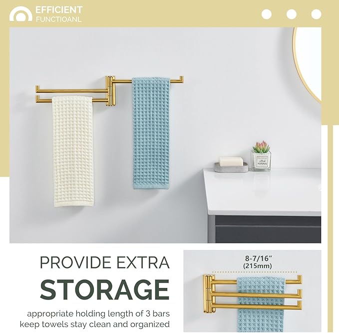 Angle Simple Swivel Hand Towel Rack, SUS 304 Stainless Steel Foldable 3 Towel Holder Bars for Bathroom Kitchen, Brushed Gold