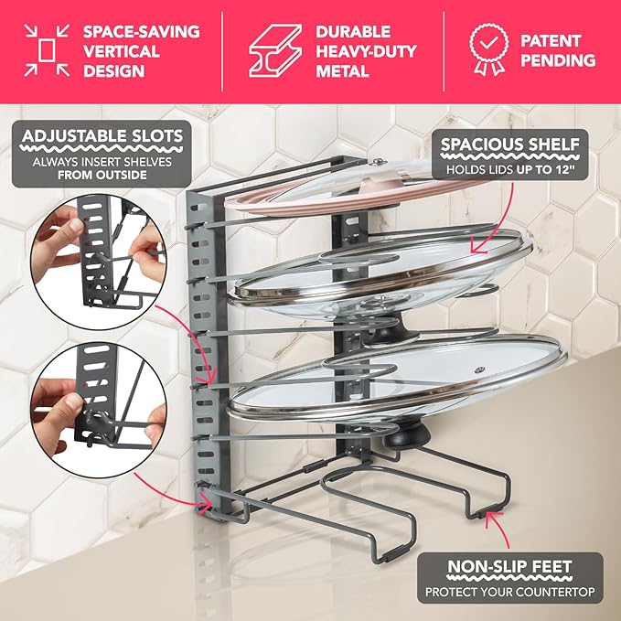 BTH Adjustable Pot Lid Organizer for Cabinet - Kitchen Storage Rack 6 Adjustable Shelves, Pot Lid Holder, Pan and Pot Rack Organizer, Pantry & Inside Cabinet Organizer (13” Clearance)-NeatNest