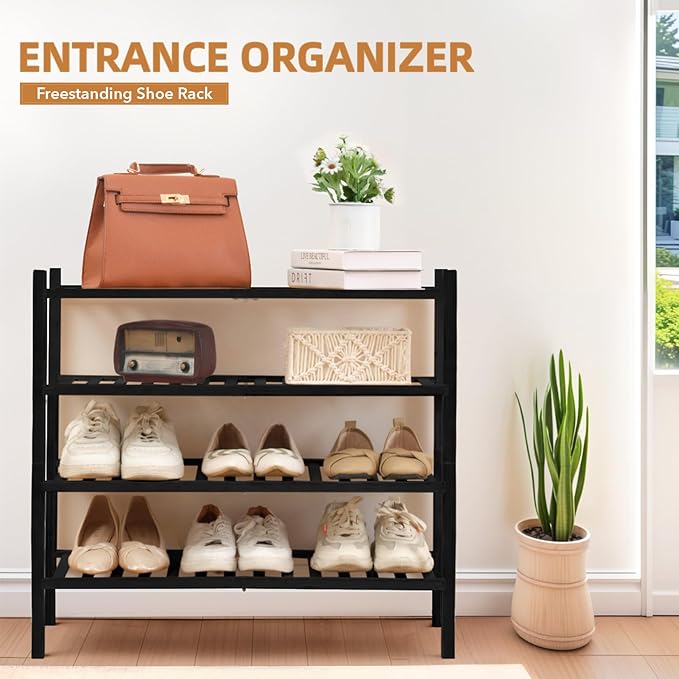 4 Tier Bamboo Shoe Rack Storage Organizer for Closet, Multifunctional Stackable Free Standing Shoe Shelf Organizer for Small Space,Entryway, Hallway, Bathroom27 x11 x26(Black, 4 Tier)-NeatNest