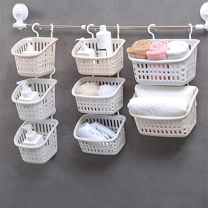5PCS Plastic Hanging Baskets for Shower, Hanging Basket Organizer with Hooks, Rectangle 10.6Inches Small Hanging Storage Basket (Beige)