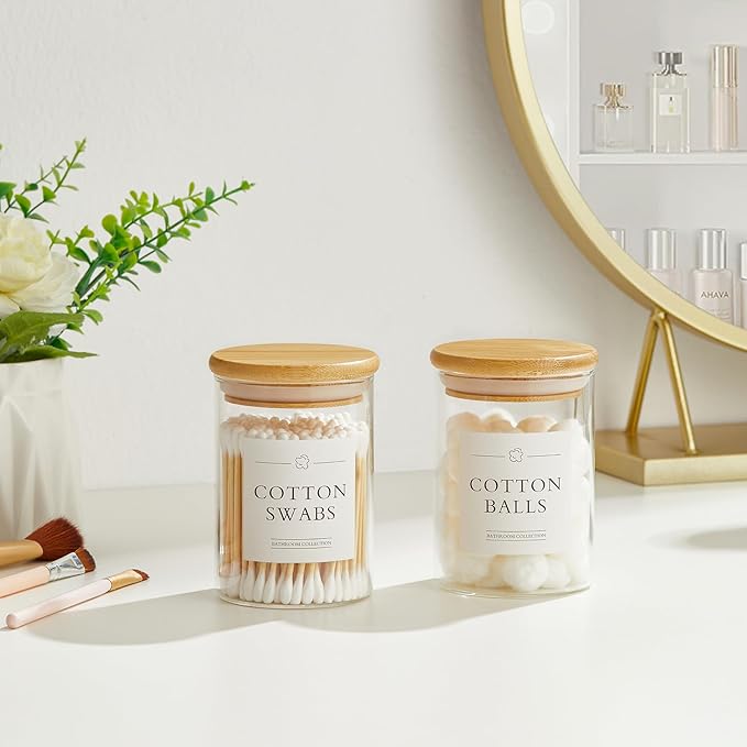 2 Pack Qtip Holder Dispenser - Glass Apothecary Jars with Lids, Cotton Ball Pad Swab Round Holder, Bamboo Bathroom Accessories, Bathroom Organizers Containers Jars Canisters with Lids-NeatNest
