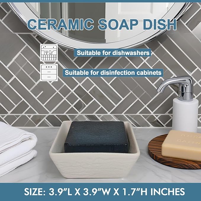 Ceramic Soap Dish, Vonpri Soap Holder Tray, Non-Slip Square Soapbox Container for Handmade Bar Bathroom Sink, Countertop, Shower Stone Texture (White)-NeatNest