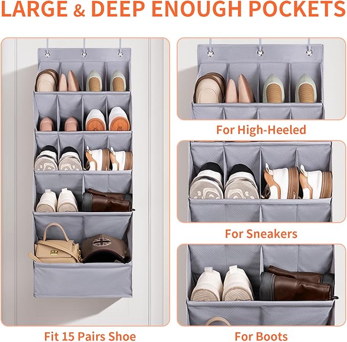 FENTEC 1 Pack Over-the-Door-Shoe-Organizers, Hanging Shoe Organizers with Large Pocket Shoe Holder Hanging Shoe Rack for Closet Shoe Organizer for Wall, Over Door Organizer with 15 Pockets Gray-NeatNest