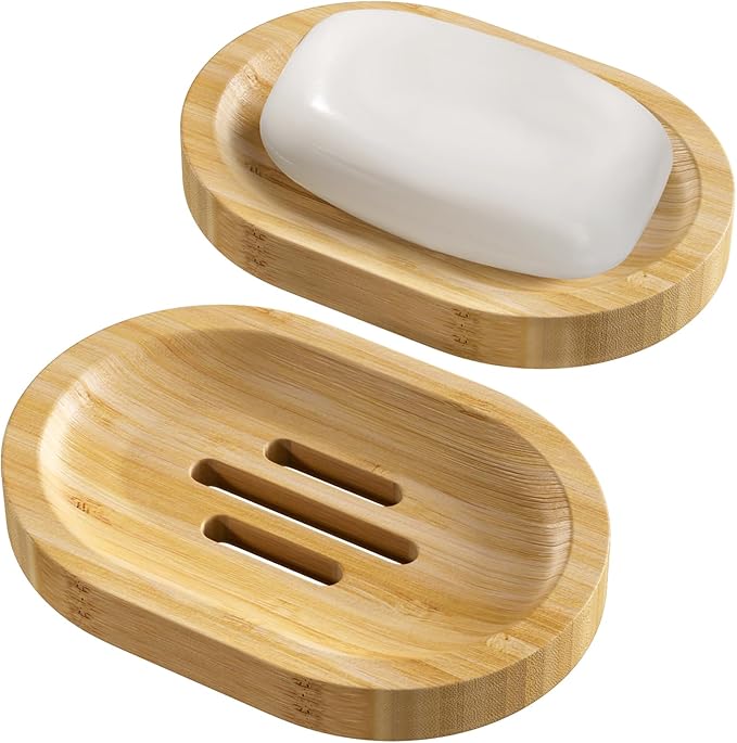 AmazerBath Bamboo Soap Holder, Bamboo Soap Dish, 2 Pack Soap Dishes for Bar Soap, Soap Tray Self Draining, Oval Soap Saver for Shower, Bathroom, Kitchen-NeatNest