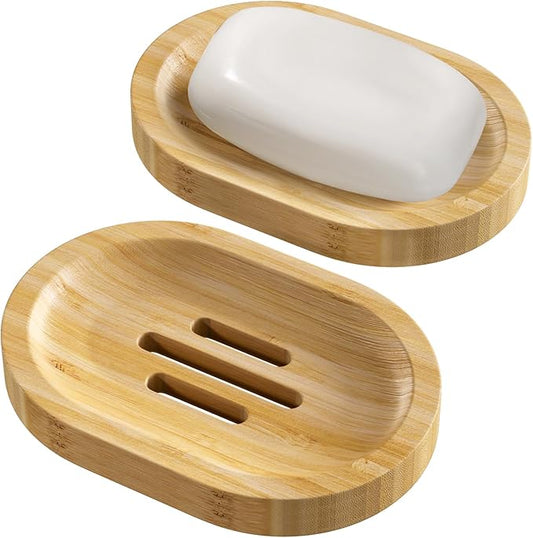 AmazerBath Bamboo Soap Holder, Bamboo Soap Dish, 2 Pack Soap Dishes for Bar Soap, Soap Tray Self Draining, Oval Soap Saver for Shower, Bathroom, Kitchen-NeatNest