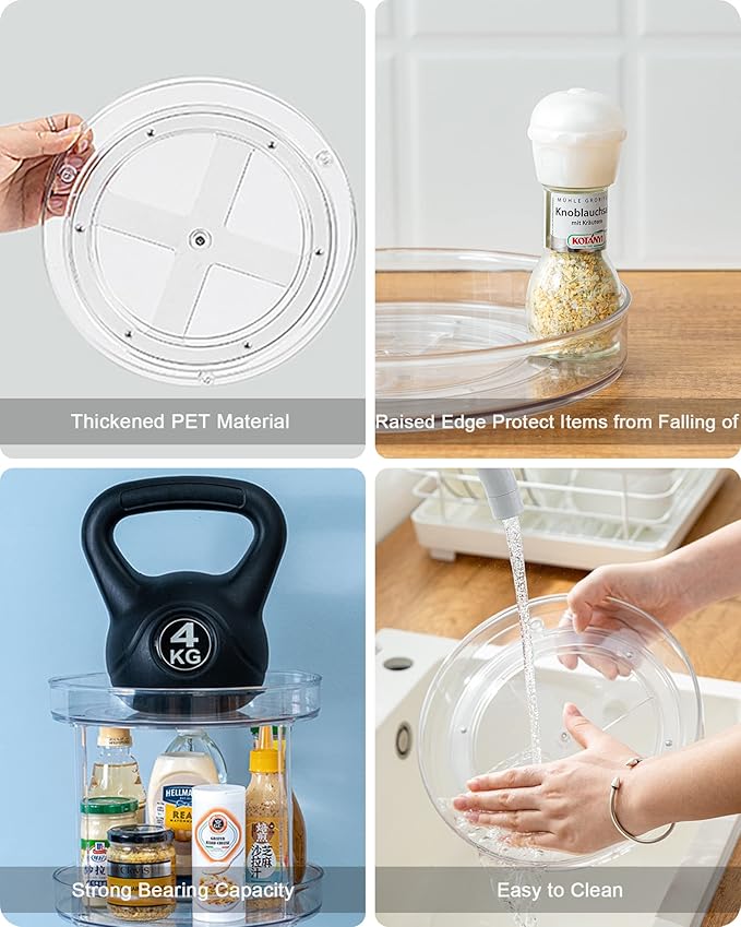 Roninkier 2-Tier Clear Lazy-Susan Turntable – 9-Inch Pantry Spice-Rack Cabinet-Organizer – Plastic Lazy Susan Makeup Organizer for Bathroom Countertop