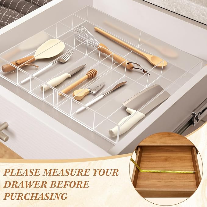 Expandable Kitchen Drawer Organizer Clear Acrylic Utensil Organizer Adjustable Acrylic Silverware Storage for Kitchen Drawers Silverware Flatware Knives(6-8 Compartments,12 x 16 Inches)