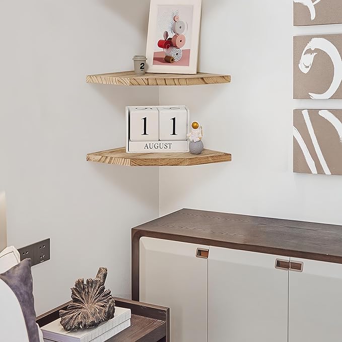 Joiishom Wood Corner Wall Shelves Set of 2, Solid Wood Corner Floating Shelves, Round End Wall Mounted Floating Corner Shelf for Bedroom, Living Room and Kitchen. (Carbonized-12 inch)-NeatNest