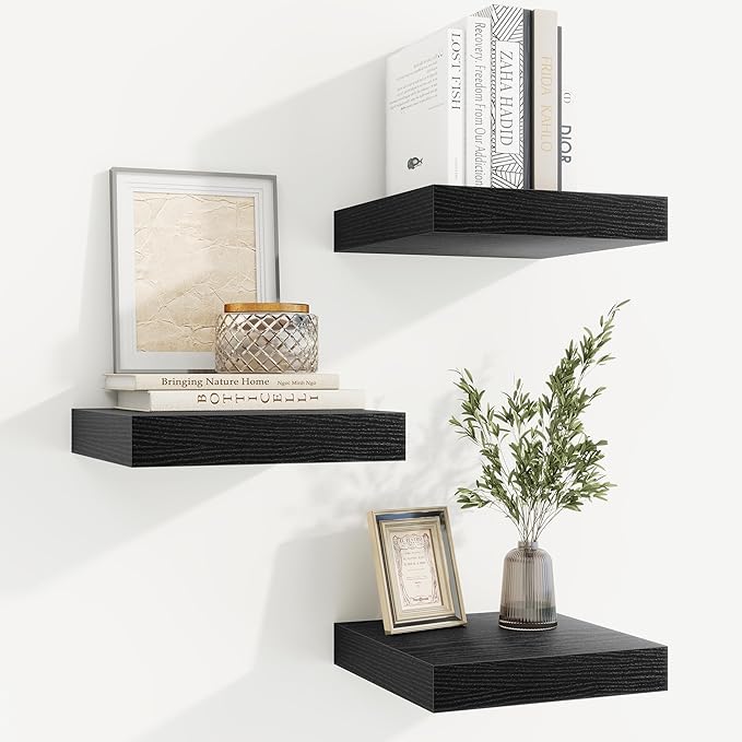 fuqing Floating Shelves for Wall, Bathroom Shelf Wall Mounted for Storage, Shelves with Invisible Bracket for Bedroom, Kitchen, Living Room, Farmhouse Small Book Shelf, 6.5 Inch Set of 3, Black-NeatNest