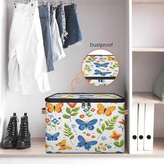 Boho Butterfly Storage Bins with Zipper Lid, Spring Plant Lidded Storage Baskets Boxes Foldable Organizer with Leather Handles for Clothes Closet Shelf Toys-NeatNest