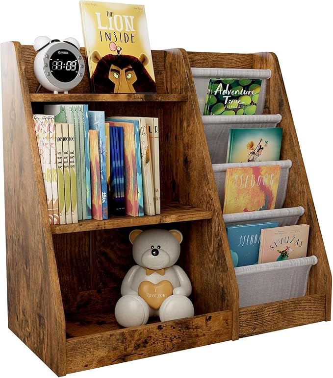 3 Tier Kid Bookshelf Wooden 4 Sling Children Bookcase Adjustable Toddler Book Rack Display Toy Storage Organizer Book Display Shelf Stand Classroom Bedroom Nursery Playroom,25 inch(Rustic)