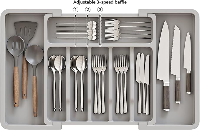 2 Pack Silverware Organizer, Expandable and Adjustable Kitchen Utensil Drawer Organizer, Plastic Cutlery Holder with Multiple Compartments,Cutlery Holder,for Spoons Forks Knives,Grey,UAFD012G-NeatNest