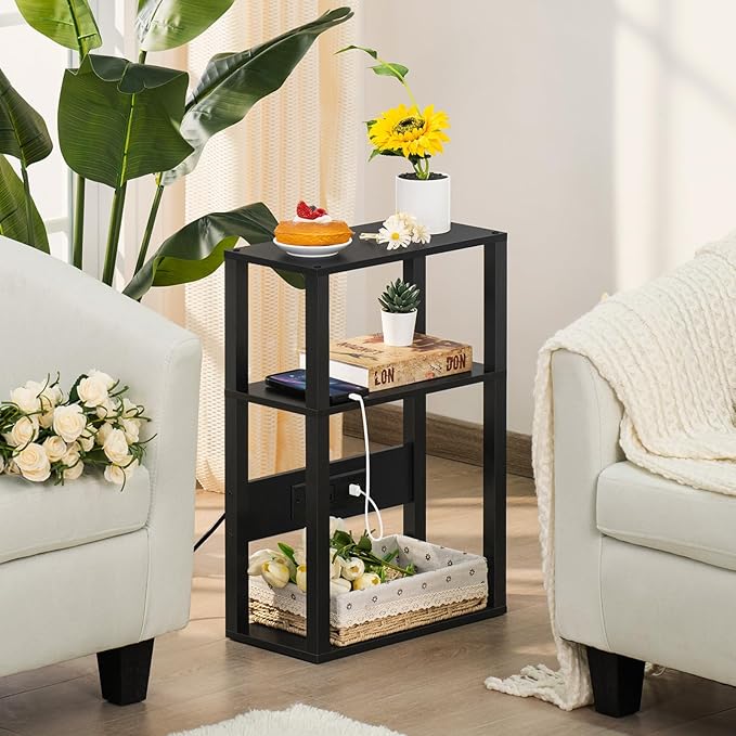 3-Tier Small Narrow Wood Side Table Set of 2 with Charging Station - Skinny Nightstand for Small Spaces, Slim Bedside Table with USB Ports and Outlets - Thin End Table with Storage, Black