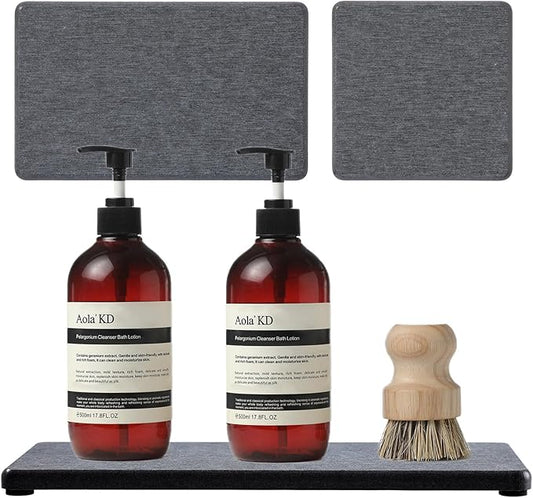 3PCS Water Absorbing Soap Dish Sponge Holder, Diatomite Stone Drying Tray Mat Sink Caddy for Kitchen Counter & Bathroom, Small Stone Bath Mat Faucet Accessories Organizer Protector,Dark Gray,9"x 3.5"-NeatNest