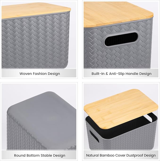 4 Packs Storage Bins with Bamboo Lids - Plastic Storage Containers with Lids Stackable Storage Box：Storage Baskets for Organizing Desktop Closet Playroom Classroom Office,Gray
