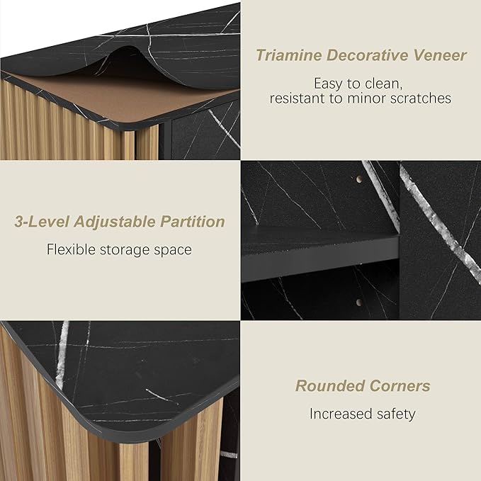 Fluted Storage Cabinet, Modern Marble Texture Accent Buffet Cabinet with Fluted Wood Strips, Side Cabinets with 2 Doors & Adjustable Partitions for Kitchen, Living Room, Black