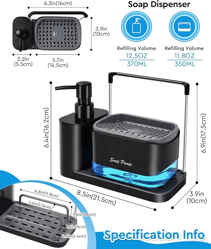Hand and Dish Soap Dispenser Set with Tray, Dual Soap Dispenser with Sponge Holder and Dishcloth Holder 5-in-1 Organizer for Kitchen Sink Countertop Storage Organize - Useful Kitchen Gadgets (Black)-NeatNest