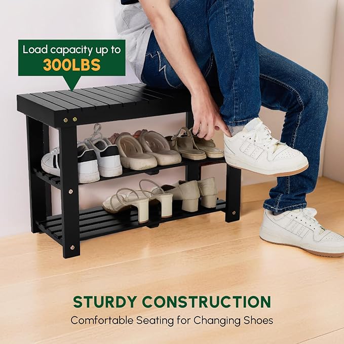 BEEFURNI Acacia Shoe Rack Bench, 3-Tier Sturdy Shoe Storage Bench, Wooden Footwear Organizer for Boots, 300 LBS Load Capacity, Perfect for Closet Entryway Bathroom, 1-Year Manufacturer Warranty, Black-NeatNest