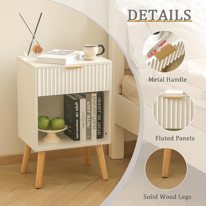 White Nightstand with Charging Station, Mid Century Modern Bedside Table with Drawers and Outlet,Side Tables Living Room, Wooden Night Stand for Bedroom, Office (White)
