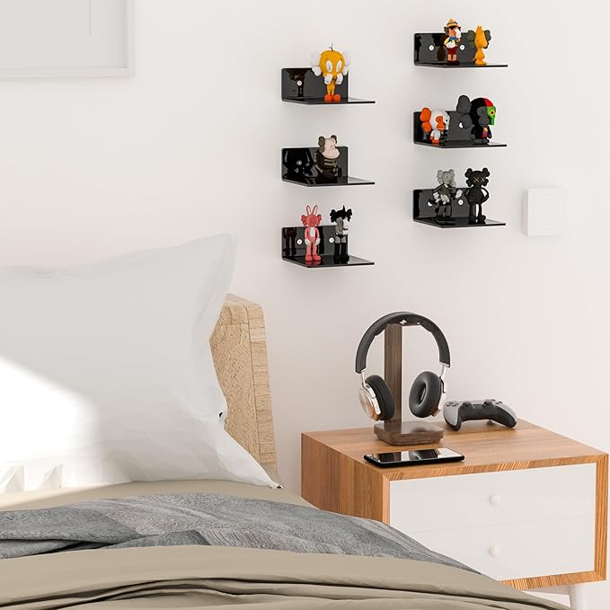 6 Inches Small Black Wall Shelves, Moisture-Proof, Space Saver, Wall Mounted Display Shelf Rack for Bedroom, Living Room, Kitchen, Dining Room, Bathroom, 4 Pack-NeatNest