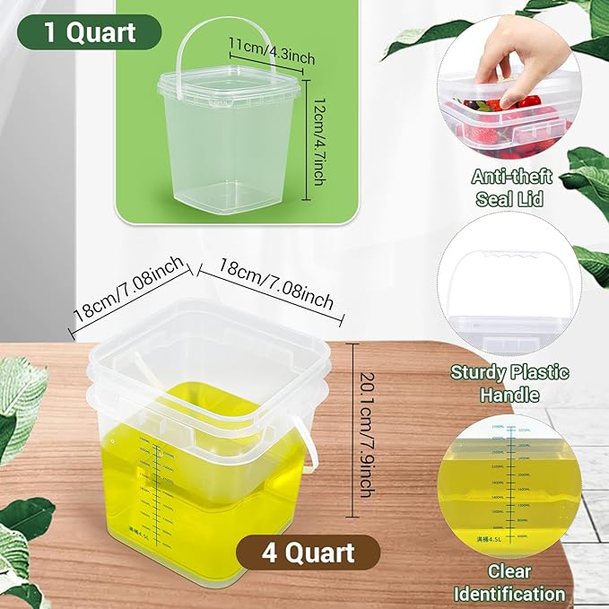 1Gal Clear Square Bucket with Airtight Lids, BPA-Free Food Storage Container for Kitchen Pantry, Meal Prep, Snack, Rice, Flour, Pet Food - Transparent Bucket with Scale Marks (2x4 Qt, 2x1 Qt)