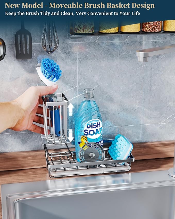 Consumest Sink Caddy, Kitchen Sponge Holder with Dish Brush Holder, Kitchen Organizer with Drip Tray for Countertop, Stainless Steel Rustproof - Silver-NeatNest