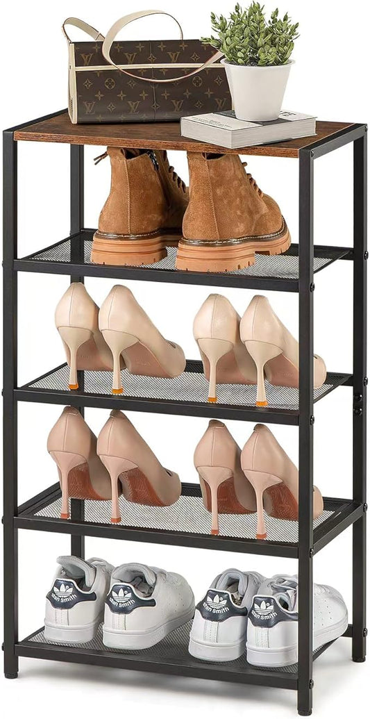 Metal 5 Tier Shoe Rack for Front Door Entrance, Entryway, and Closet Shoe Organizer with 4 Sturdy Metal Mesh Shelves and Wooden Top, Holds 10 Pairs, Ideal for Storage or Display-NeatNest